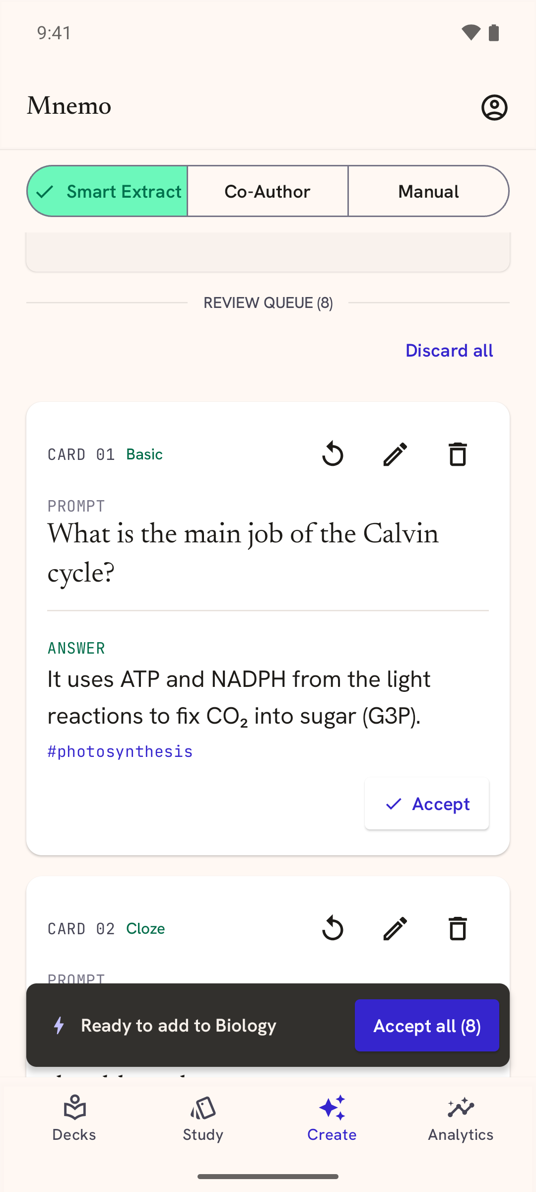 Suggested cards waiting to be accepted